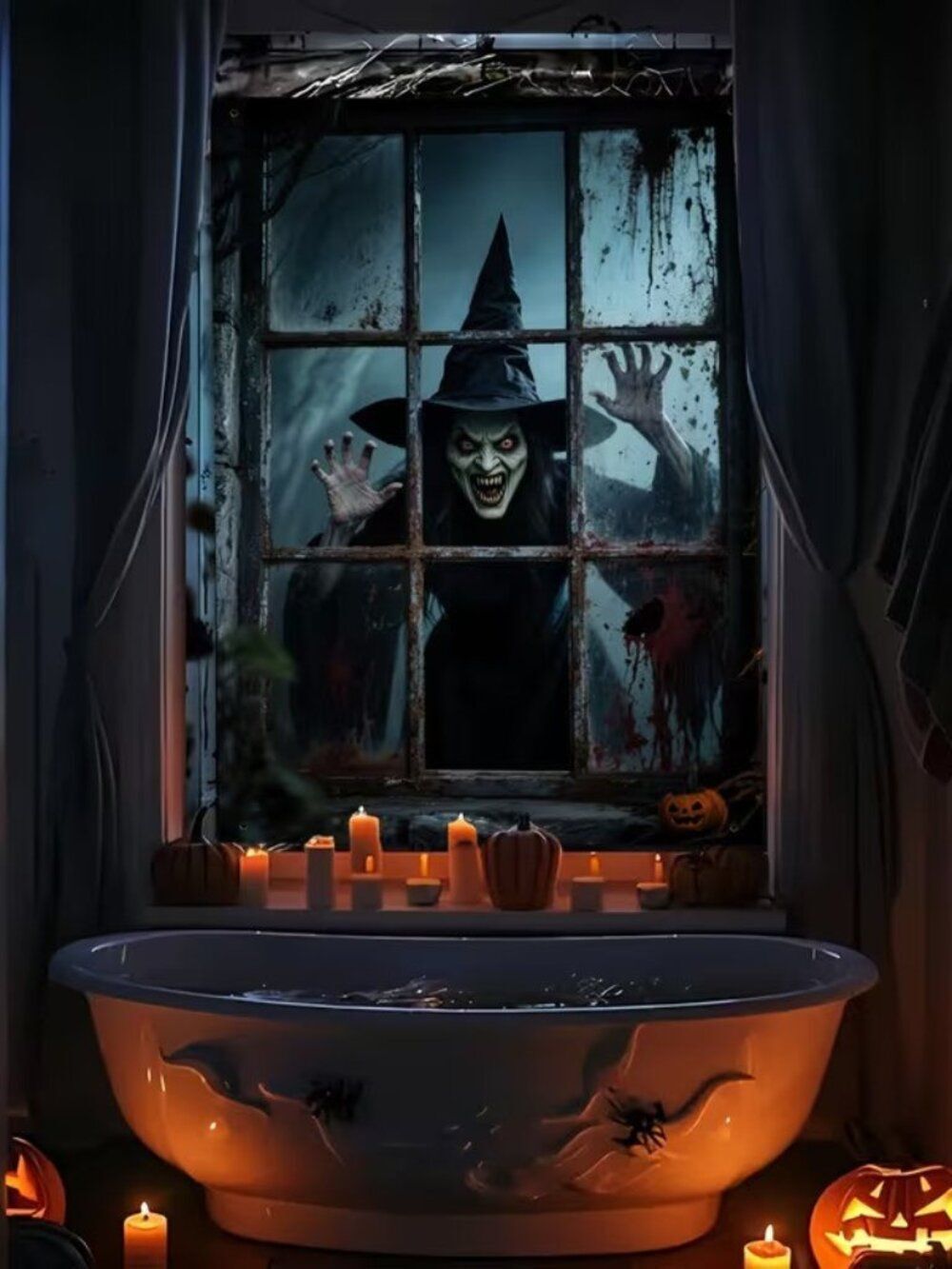Halloween Gothic Sinister Witch in a Black Robe Wall / Window Banner 31"w x 47"h